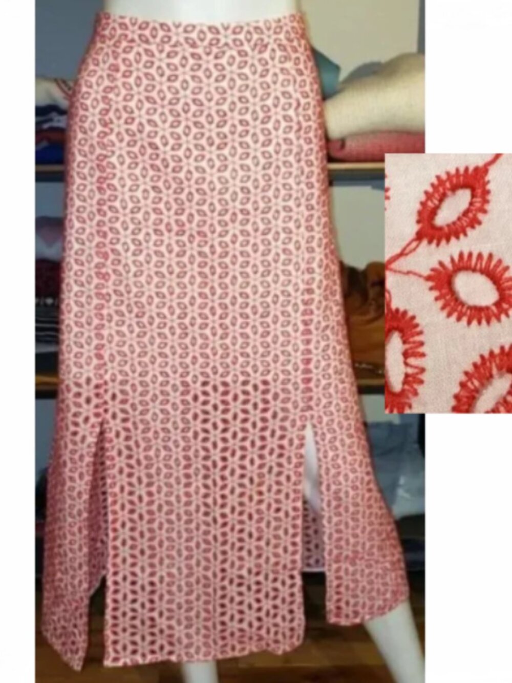 NWOT Red White Cotton Eyelet Embroidered Skirt Medium 8